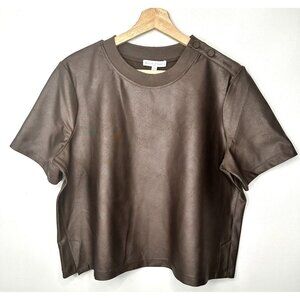Maison D'amelie Womens Shirt Distressed Stretch Short Sleeve Blouse Brown Large